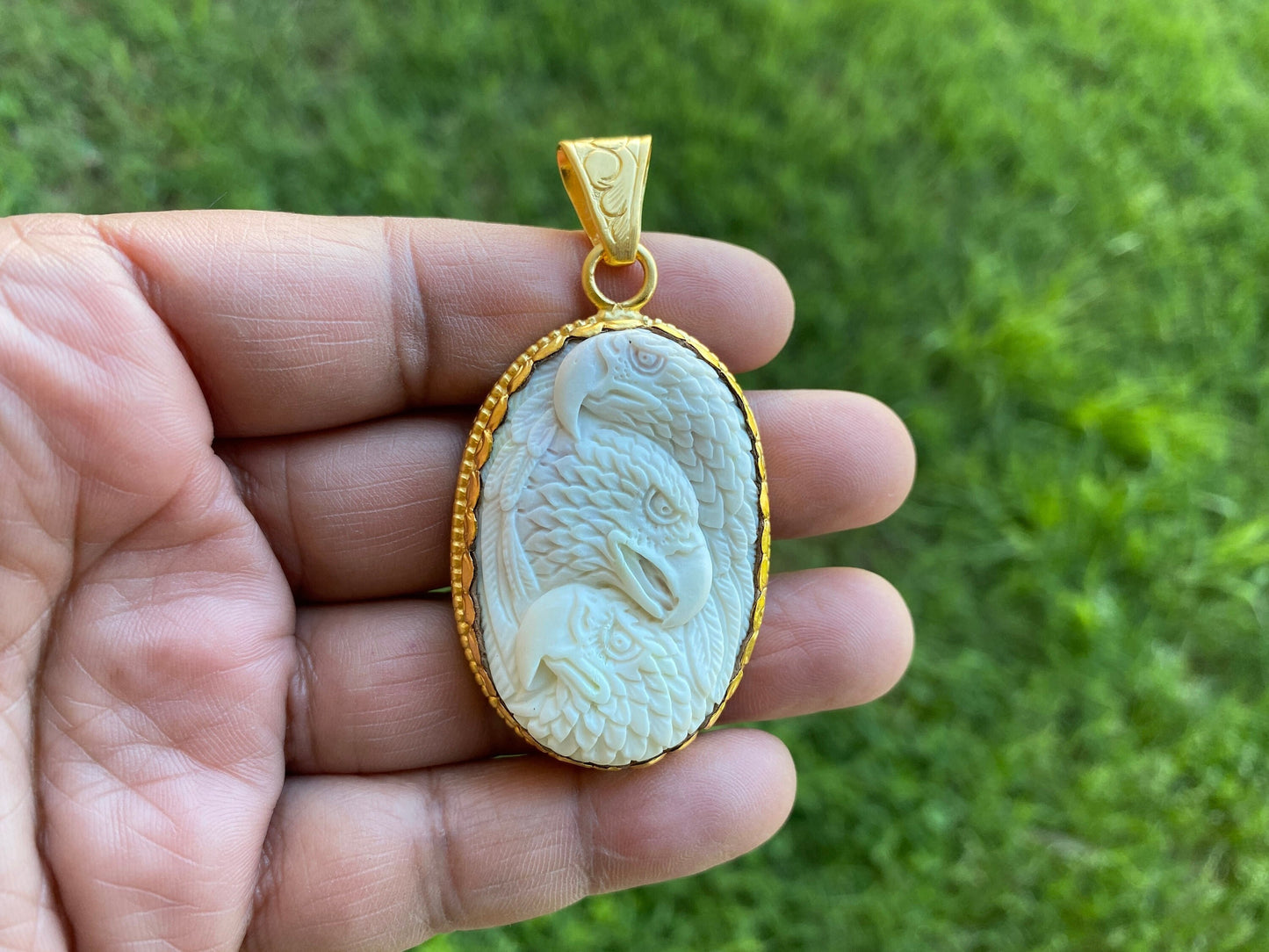 Large Eagle Carved Bone Pendant, 18K Brushed Gold Overlay Non Tarnish Unisex Pendant, Tribal Jewelry, Himalayan Jewelry, Carved Animal, Boho