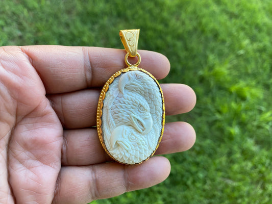 Large Eagle Carved Bone Pendant, 18K Brushed Gold Overlay Non Tarnish Unisex Pendant, Tribal Jewelry, Himalayan Jewelry, Carved Animal, Boho