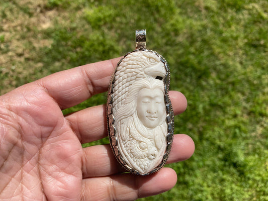 Large Eagle with Lady Face Tibetan Silver Pendant, Women's Jewelry, Tribe Jewelry, Himalayan Jewelry, Carved Animal, Native American, Ethnic