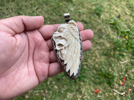 Large Eagle with Skull Bone Carved Tibetan Silver Pendant, Bird Carrying Skull Jewelry, Viking Jewelry, Feathered Eagle, Big Bone Pendant