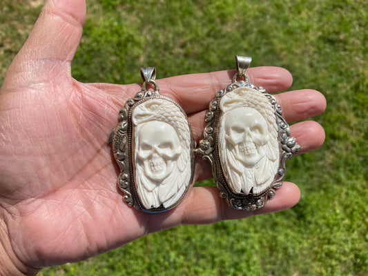 Large Eagle with Skull Carved Buffalo Bone Tibetan Silver Pendant, Unisex Skull Pendant, Jewelry for Men or Women, Sugar Skull, Skeleton