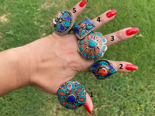 Large Ethnic Adjustable Tibetan Silver  Ring, Turquoise, Coral & Lapis Inlay Ring, Statement Ring, Women Ring, Bohemian Hill Tribe Jewelry