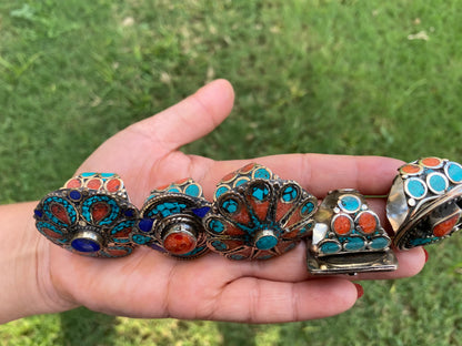 Large Ethnic Adjustable Tibetan Silver  Ring, Turquoise, Coral & Lapis Inlay Ring, Statement Ring, Women Ring, Bohemian Hill Tribe Jewelry