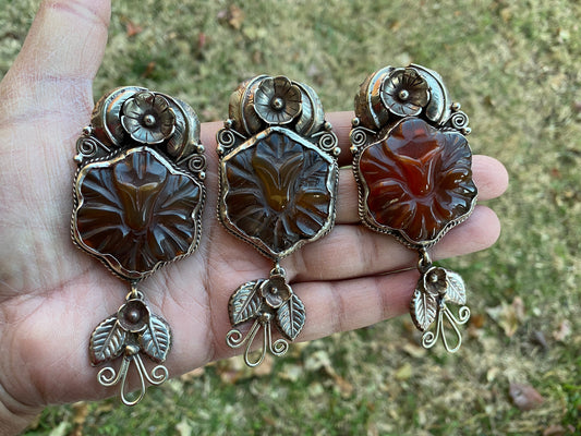 Large Flower Carved Carnelian Natural Stone Tibetan Silver Pendant, Unique Design, Himalayan Jewelry, Ethnic Jewelry for Women, Lotus Flower