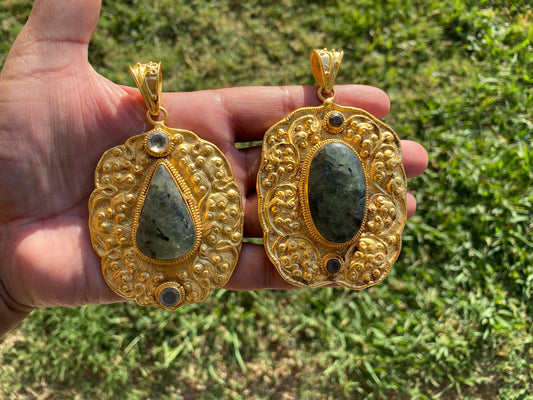 Large Fluorite  Natural Stone Pendant, Non Tarnish Brushed Gold Overlay, Spiritual Talisman, Energy Amplifier, Mystical Aura, Vibrant Gem