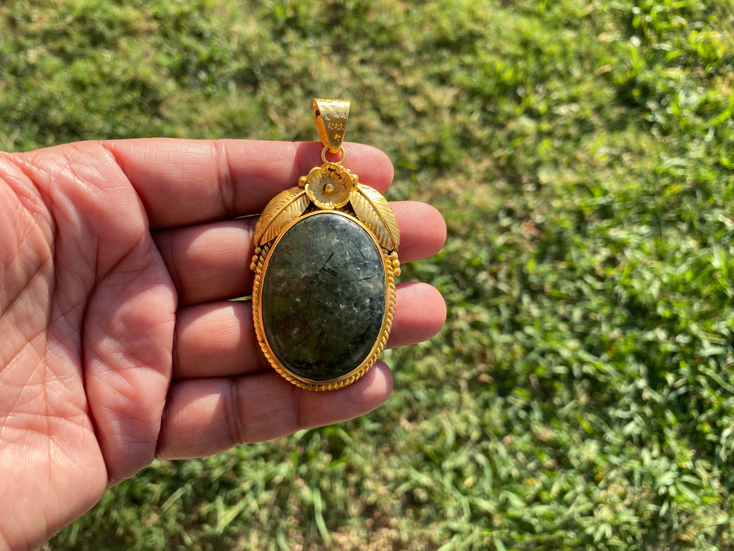 Large Fluorite  Natural Stone Pendant, Non Tarnish Brushed Gold Overlay, Spiritual Talisman, Energy Amplifier, Mystical Aura, Vibrant Gem