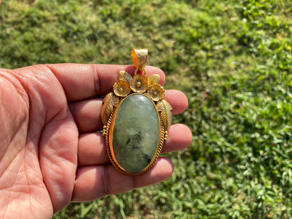 Large Fluorite  Natural Stone Pendant, Non Tarnish Brushed Gold Overlay, Spiritual Talisman, Energy Amplifier, Mystical Aura, Vibrant Gem