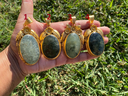 Large Fluorite  Natural Stone Pendant, Non Tarnish Brushed Gold Overlay, Spiritual Talisman, Energy Amplifier, Mystical Aura, Vibrant Gem