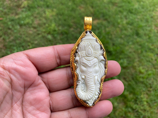 Large Ganesh Carved Bone Pendant, 18K Brushed Gold Overlay Non Tarnish, Buffalo Bone, Ethnic Jewelry, Spiritual Pendant, for Men or Women