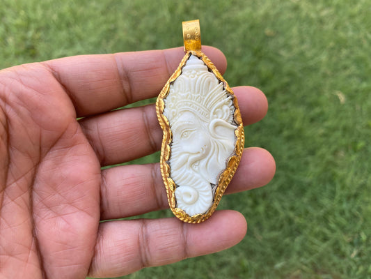 Large Ganesh Carved Bone Pendant, 18K Brushed Gold Overlay Non Tarnish, Buffalo Bone, Ethnic Jewelry, Spiritual Pendant, for Men or Women