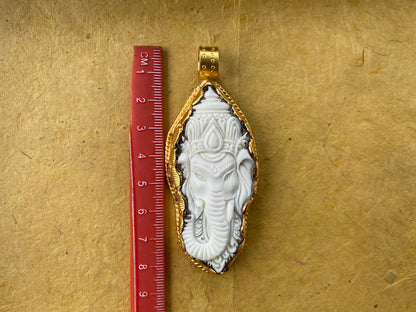 Large Ganesh Carved Bone Pendant, 18K Brushed Gold Overlay Non Tarnish, Buffalo Bone, Ethnic Jewelry, Spiritual Pendant, for Men or Women