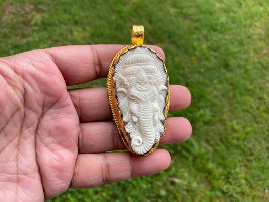 Large Ganesh Carved Buffalo Bone Pendant, 18K Brushed Gold Overlay Non Tarnish, Ethnic Jewelry, Spiritual Pendant, for Men or Women