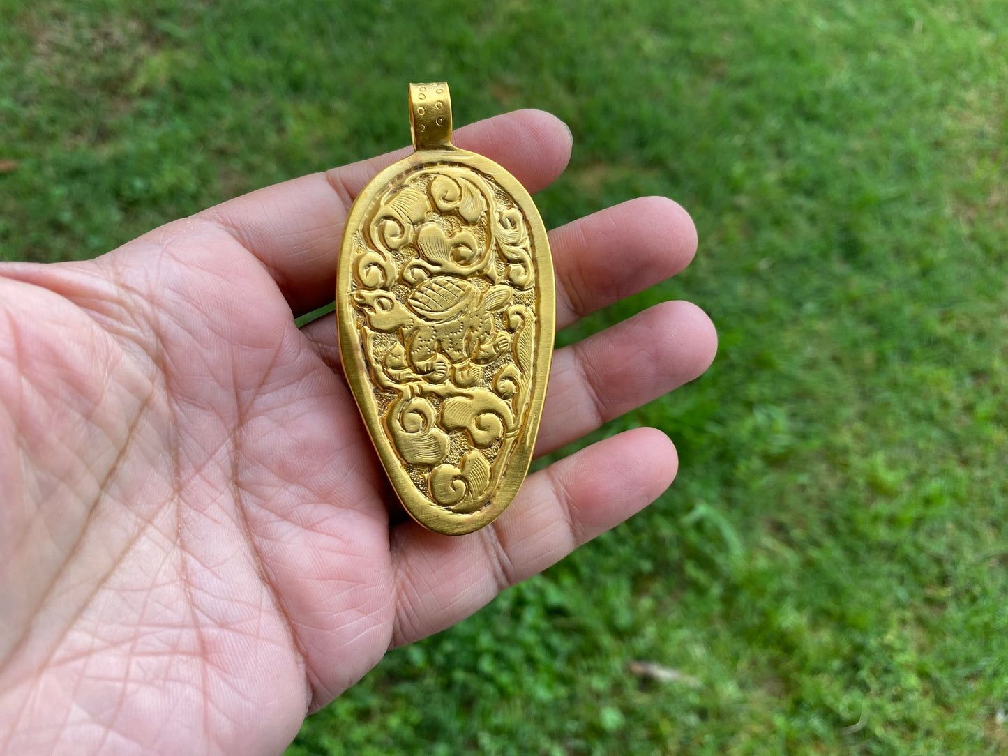 Large Ganesh Carved Buffalo Bone Pendant, 18K Brushed Gold Overlay Non Tarnish, Ethnic Jewelry, Spiritual Pendant, for Men or Women