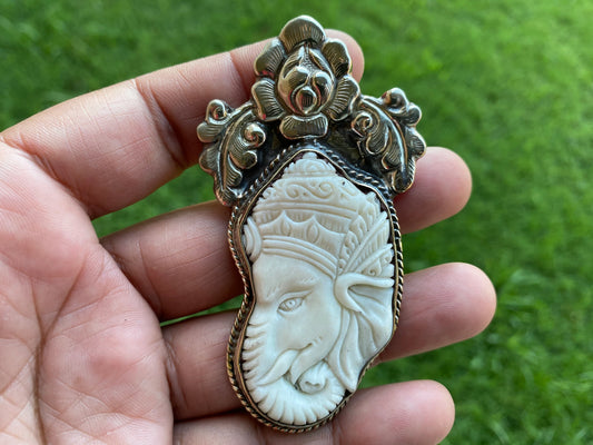 Large Ganesh Carved Buffalo Bone Tibetan Silver Pendant, Yoga Pendant, Ethnic Jewelry, Tribal, Spiritual Pendant, for Women, Flower Designs