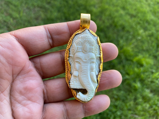 Large Ganesh Pendant, High Quality 18K Brushed Antique Gold Overlay Non Tarnish, Buffalo Bone, Ethnic Jewelry, Spiritual Unisex Pendant