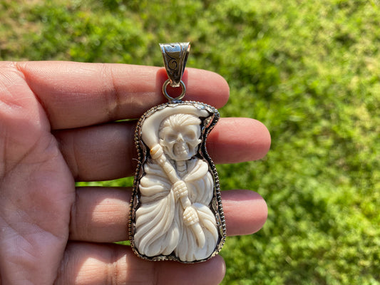 Large Grim Reaper Hand carved Bone Tibet Silver Pendant, Tribal Pendant, Ethnic Designs, Tibetan Jewelry, Jewelry for Men or Women, Boho