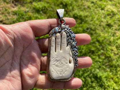 Large Hamsa Hand carved Buffalo Bone Tibetan Silver Hand Pendant, Evil Eye Defense, Hand of Fatima Spiritual Pendant, Hand of Protection