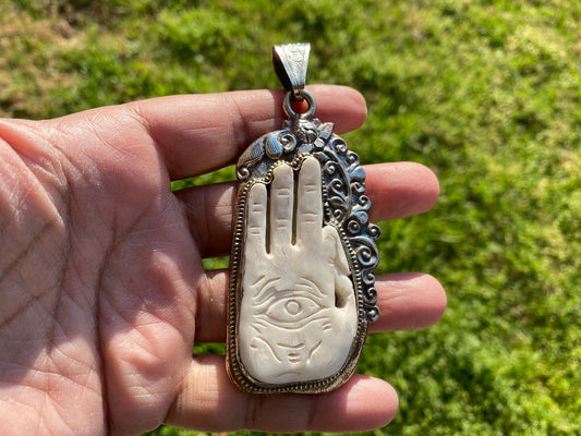 Large Hamsa Hand carved Buffalo Bone Tibetan Silver Hand Pendant, Evil Eye Defense, Hand of Fatima Spiritual Pendant, Hand of Protection