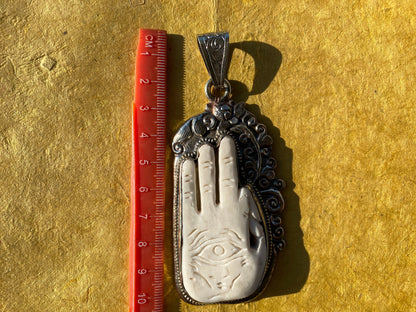 Large Hamsa Hand carved Buffalo Bone Tibetan Silver Hand Pendant, Evil Eye Defense, Hand of Fatima Spiritual Pendant, Hand of Protection