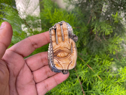 Large Hamsa Hand carved Buffalo Bone Tibetan Silver Ring, Evil Eye Defense, Hand of Fatima Spiritual Ring, Hand of Protection,