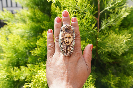 Large Hand-Carved Bone Eagle Ring | Native American Style Adjustable Tibetan Silver Ring, Unisex Ethnic Spiritual Jewelry, Animal Lover Ring