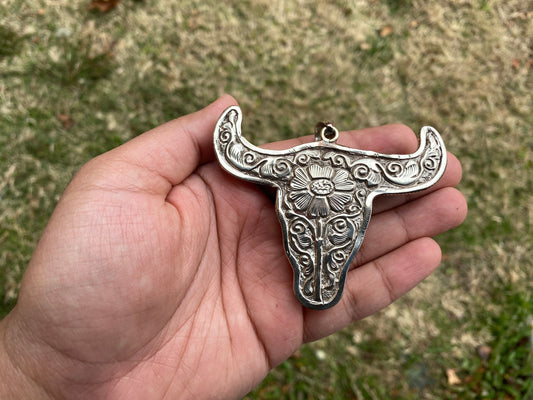 Large Hand Carved Bone Bull Head Skull with Bear Tibetan Silver Pendant, Buffalo Bone Pendant Skull Bull Ox Head Pendant for Men or Women