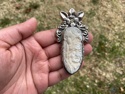 Large Hand Carved Bone Eagle & Fox with Red Indian Tibetan Silver Pendant, Native American Style Jewelry, Ethnic Jewelry, Spiritual Jewelry