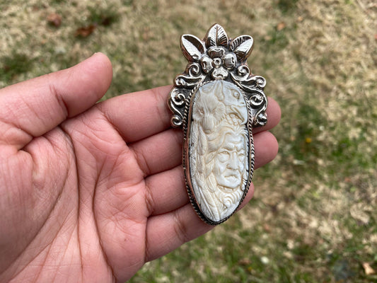 Large Hand Carved Bone Eagle & Fox with Red Indian Tibetan Silver Pendant, Native American Style Jewelry, Ethnic Jewelry, Spiritual Jewelry