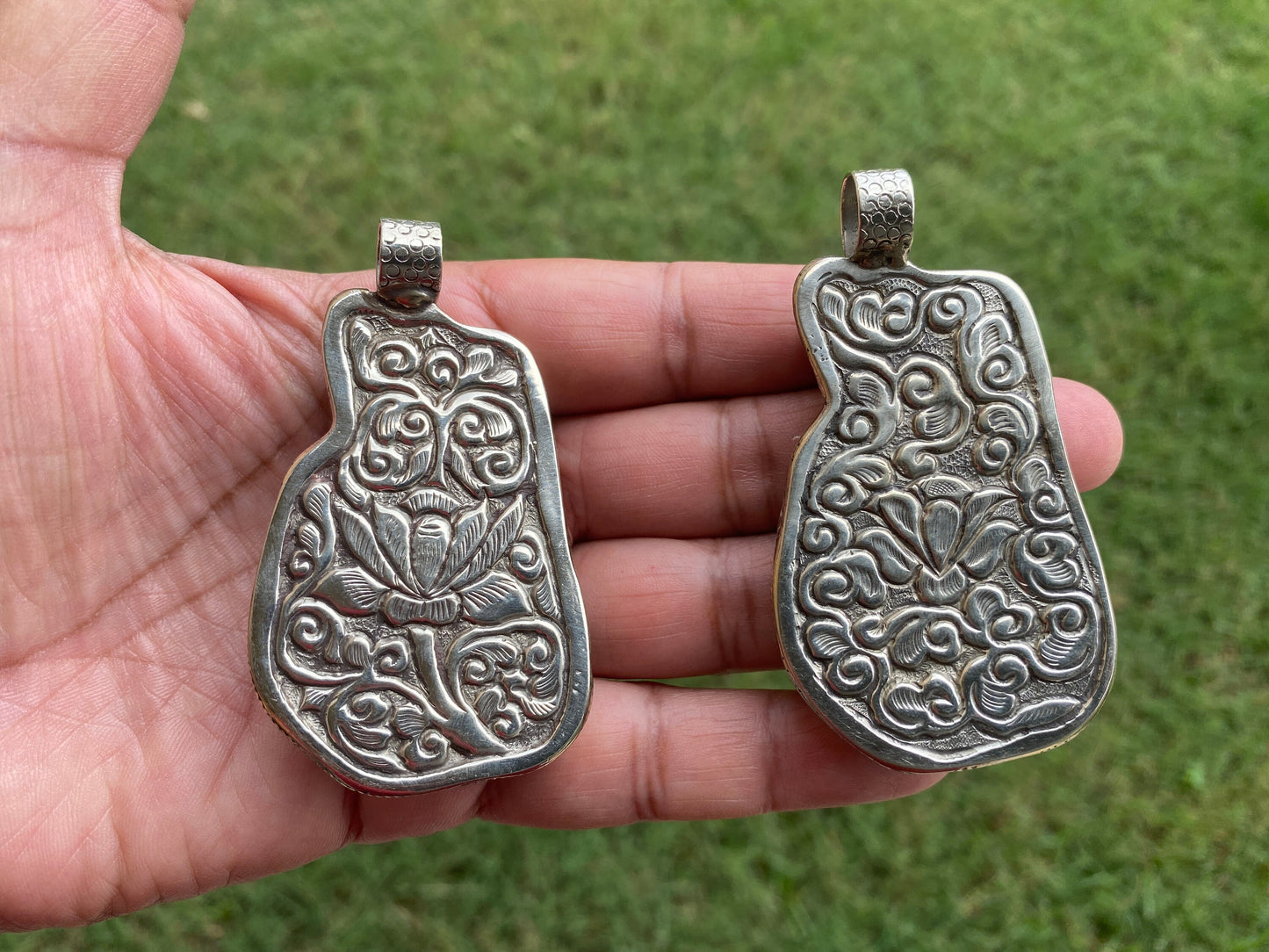 Large Hand Carved Bone Tibetan Silver Hand Pendant, Repousse Silver, Om Pendant or Buddha Pendant, Yoga Jewelry, Meditation Pendant, Hamsa