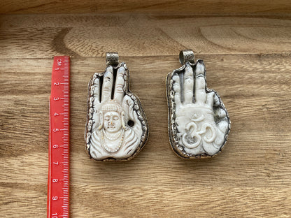 Large Hand Carved Bone Tibetan Silver Hand Pendant, Repousse Silver, Om Pendant or Buddha Pendant, Yoga Jewelry, Meditation Pendant, Hamsa
