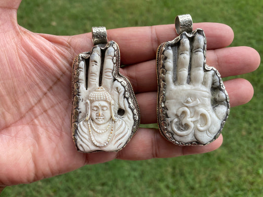 Large Hand Carved Bone Tibetan Silver Hand Pendant, Repousse Silver, Om Pendant or Buddha Pendant, Yoga Jewelry, Meditation Pendant, Hamsa