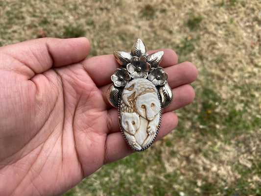 Large Hand Carved Eagle with Bear Buffalo Bone Tibetan Silver Pendant, Jewelry for Men or Women, Ethnic Jewelry, Bone Animal Pendant
