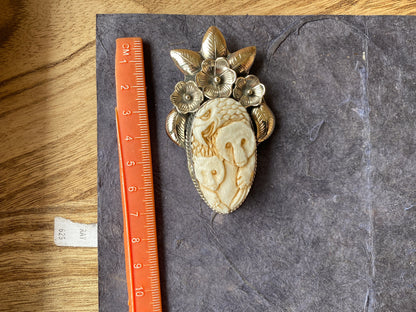 Large Hand Carved Eagle with Bear Buffalo Bone Tibetan Silver Pendant, Jewelry for Men or Women, Ethnic Jewelry, Bone Animal Pendant