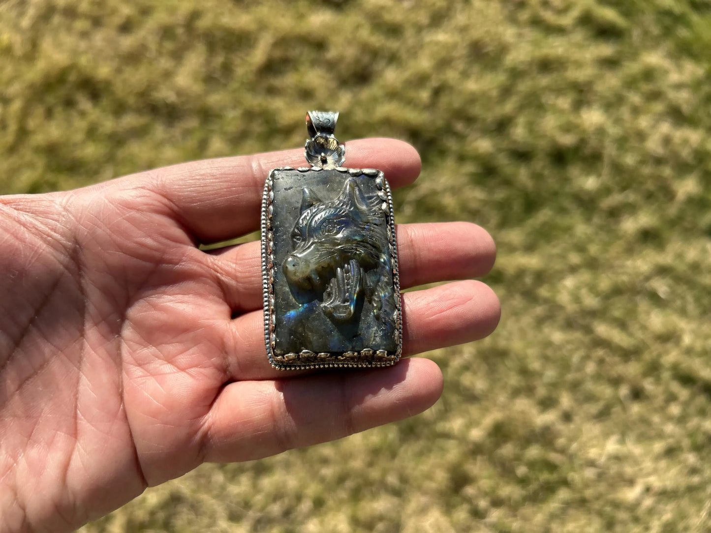 Large Hand Carved Fox Natural Labradorite Tibetan Silver Pendant, Wild Animal Pendant, Blue Labradorite, Wildlife Jewelry, Animal Pendant