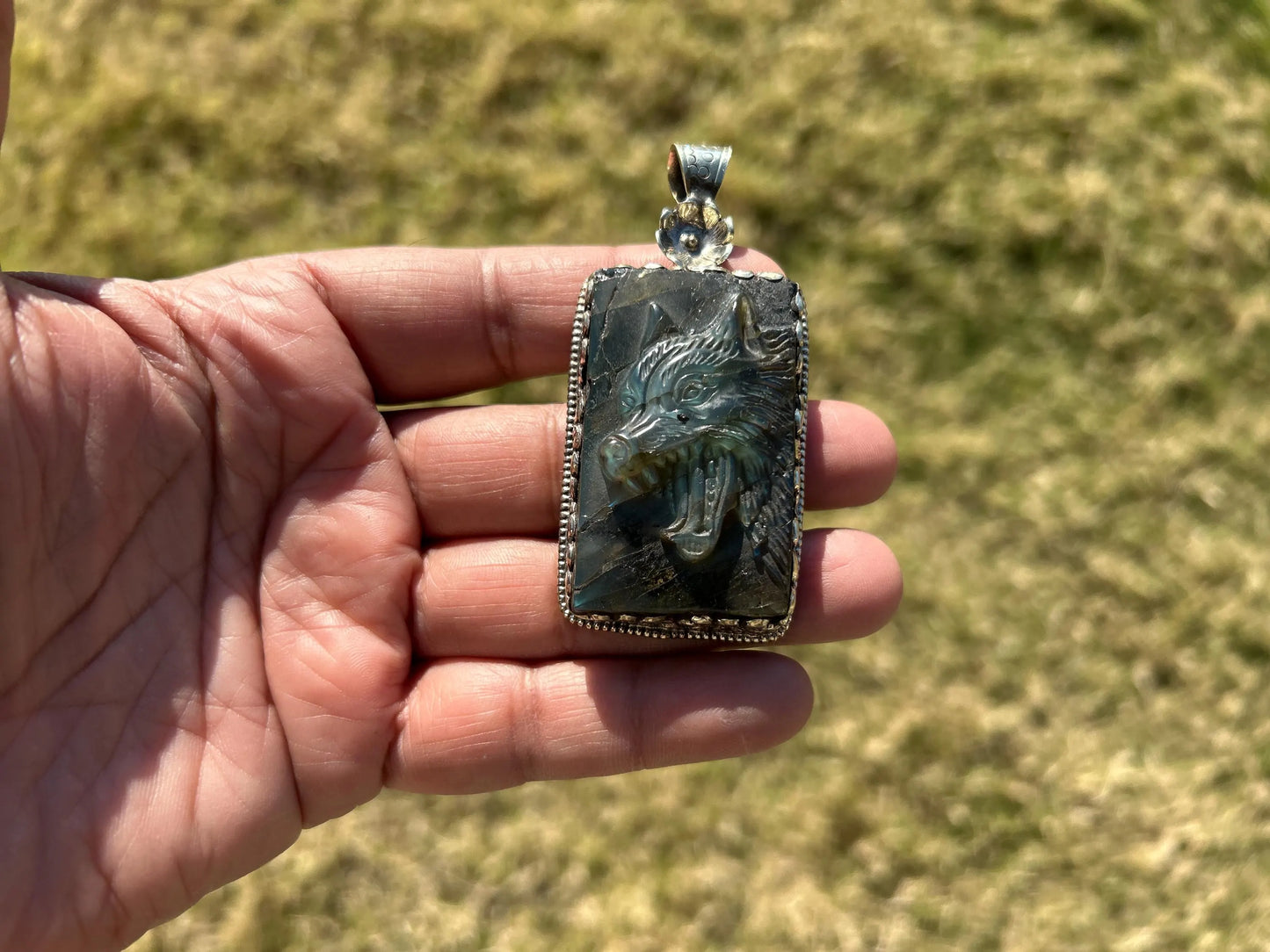 Large Hand Carved Fox Natural Labradorite Tibetan Silver Pendant, Wild Animal Pendant, Blue Labradorite, Wildlife Jewelry, Animal Pendant
