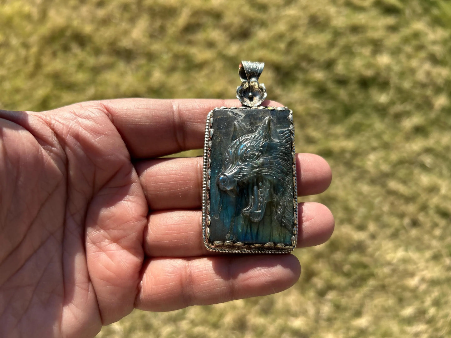 Large Hand Carved Fox Natural Labradorite Tibetan Silver Pendant, Wild Animal Pendant, Blue Labradorite, Wildlife Jewelry, Animal Pendant