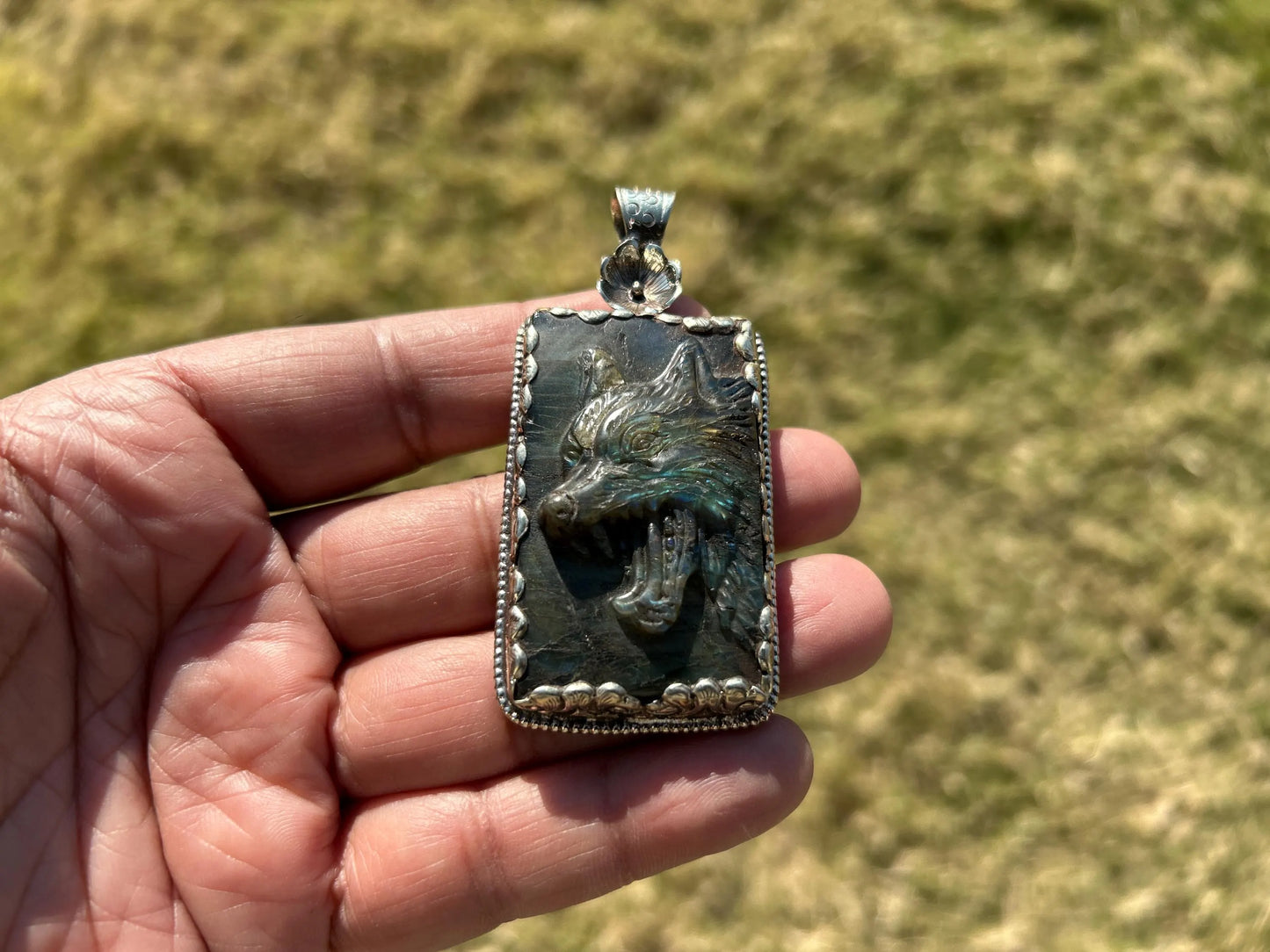 Large Hand Carved Fox Natural Labradorite Tibetan Silver Pendant, Wild Animal Pendant, Blue Labradorite, Wildlife Jewelry, Animal Pendant