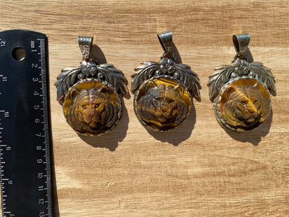 Large Hand Carved Tiger Natural Stone Tibetan Silver Pendant, Tiger Pendant, Natural Stone Tiger Design, Animal Jewelry, Wildlife Jewelry