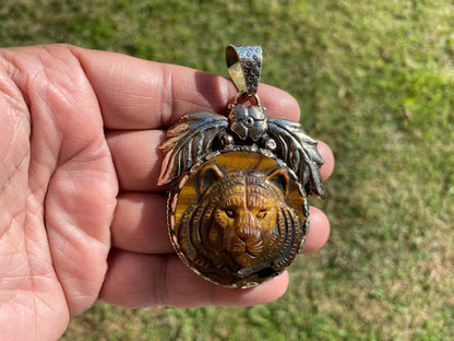 Large Hand Carved Tiger Natural Stone Tibetan Silver Pendant, Tiger Pendant, Natural Stone Tiger Design, Animal Jewelry, Wildlife Jewelry