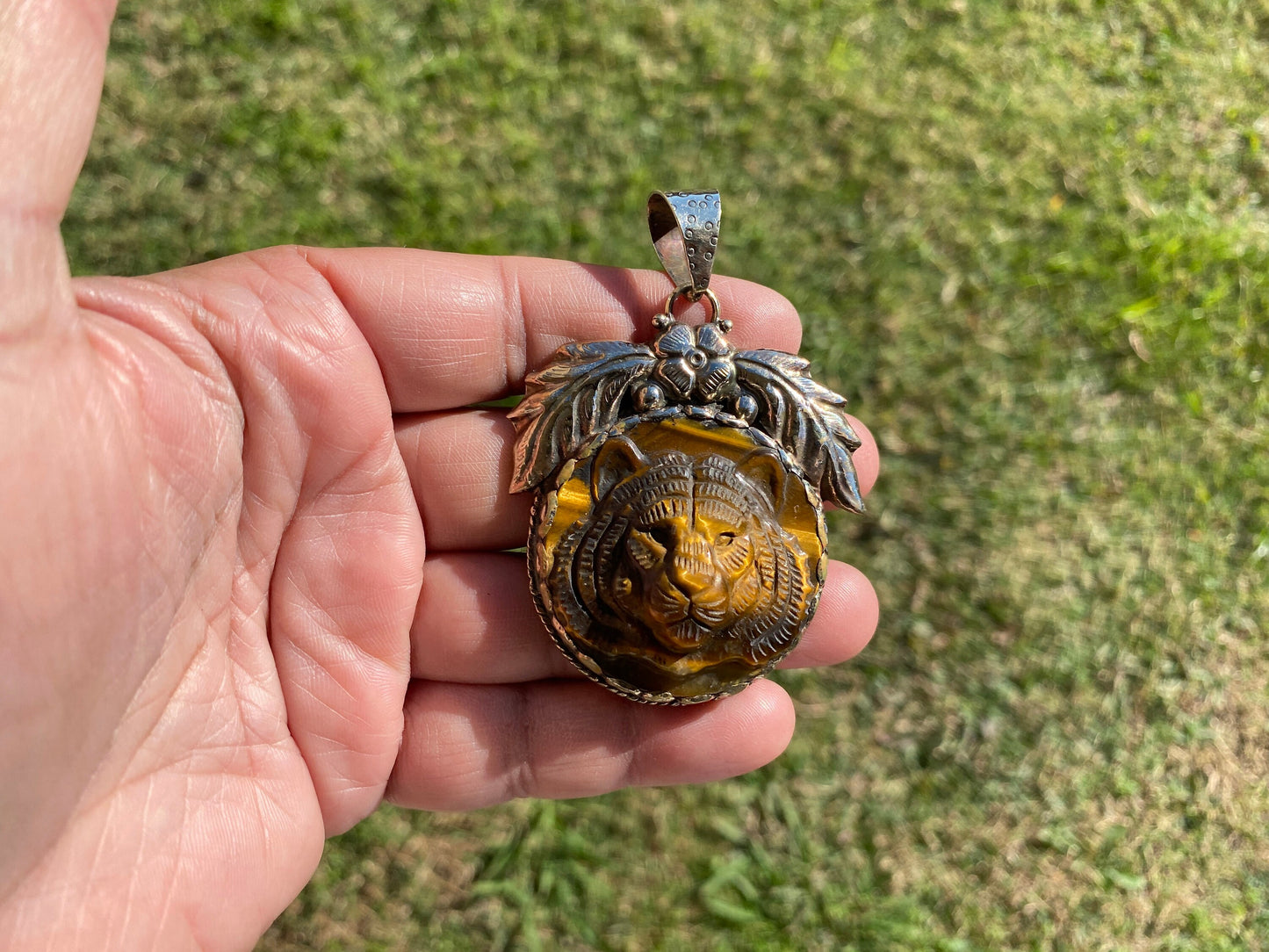 Large Hand Carved Tiger Natural Stone Tibetan Silver Pendant, Tiger Pendant, Natural Stone Tiger Design, Animal Jewelry, Wildlife Jewelry