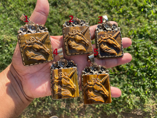 Large Hand Carved Unicorn Pendant, Tiger Eye Natural Stone, Tibetan Silver Pendant, Horse Pendant, Animal Lover's Jewelry, Mythical Jewelry