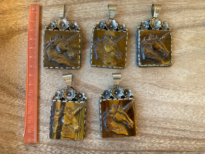 Large Hand Carved Unicorn Pendant, Tiger Eye Natural Stone, Tibetan Silver Pendant, Horse Pendant, Animal Lover's Jewelry, Mythical Jewelry