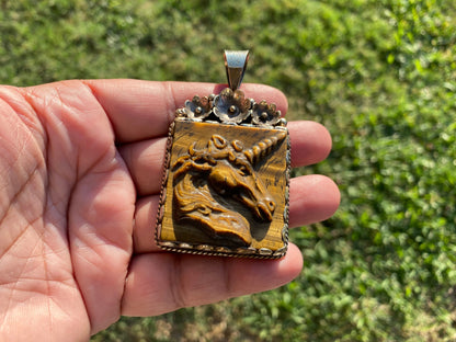 Large Hand Carved Unicorn Pendant, Tiger Eye Natural Stone, Tibetan Silver Pendant, Horse Pendant, Animal Lover's Jewelry, Mythical Jewelry