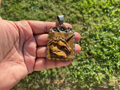 Large Hand Carved Unicorn Pendant, Tiger Eye Natural Stone, Tibetan Silver Pendant, Horse Pendant, Animal Lover's Jewelry, Mythical Jewelry