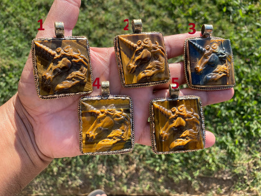 Large Hand Carved Unicorn Pendant, Tiger Eye Natural Stone, Tibetan Silver Pendant, Horse Pendant, Animal Lover's Jewelry, Mythical Jewelry