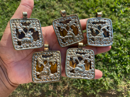 Large Hand Carved Unicorn Pendant, Tiger Eye Natural Stone, Tibetan Silver Pendant, Horse Pendant, Animal Lover's Jewelry, Mythical Jewelry