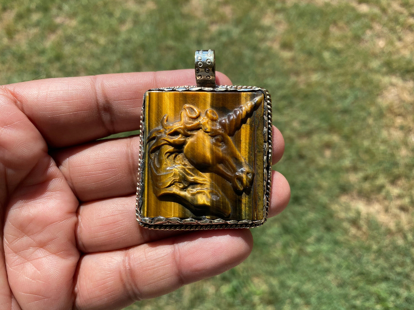 Large Hand Carved Unicorn Pendant, Tiger Eye Natural Stone, Tibetan Silver Pendant, Horse Pendant, Animal Lover's Jewelry, Natural Gemstone