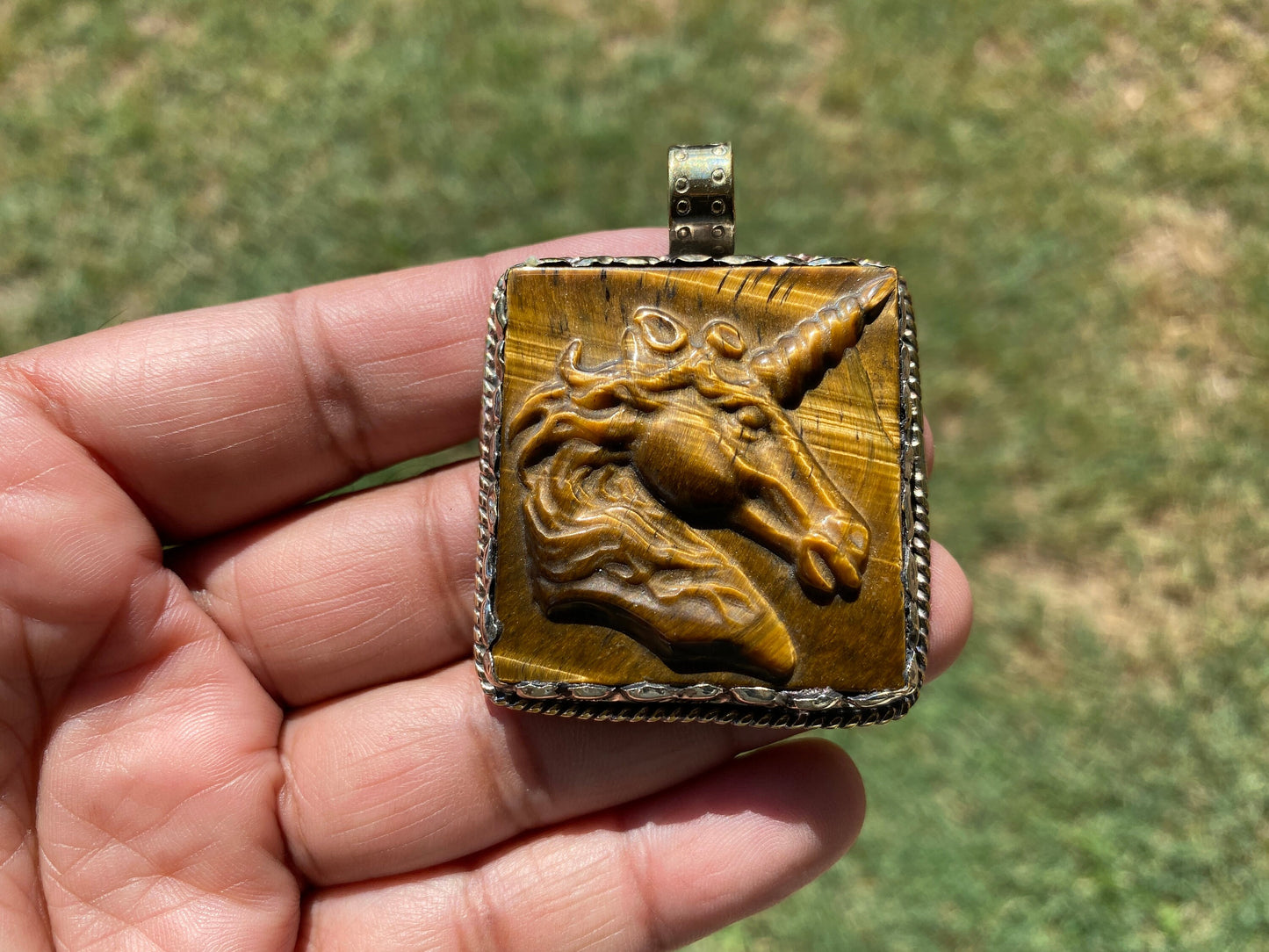 Large Hand Carved Unicorn Pendant, Tiger Eye Natural Stone, Tibetan Silver Pendant, Horse Pendant, Animal Lover's Jewelry, Natural Gemstone