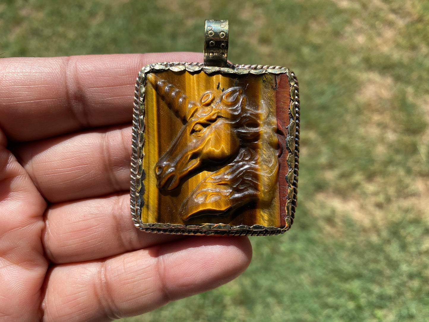 Large Hand Carved Unicorn Pendant, Tiger Eye Natural Stone, Tibetan Silver Pendant, Horse Pendant, Animal Lover's Jewelry, Natural Gemstone