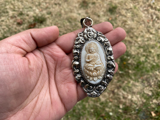 Large Hand carved Meditating Buddha Buffalo Bone Tibetan Silver Pendant, Healing Yoga Jewelry, Tranquility Pendant, Pendant for Men or Women